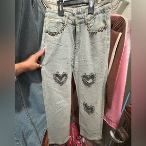 Rhinestone heart jeans